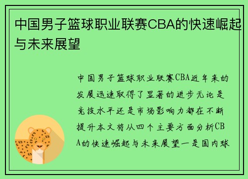 中国男子篮球职业联赛CBA的快速崛起与未来展望 中国男子篮球职业联赛CBA的快速崛起与未来展望